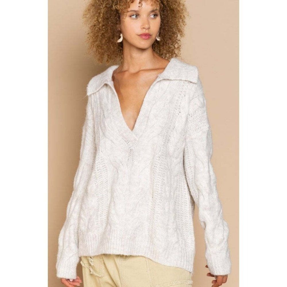 POL Clothing Light Taupe Cream Color Cardigan Oversized Cable Sweater FST312